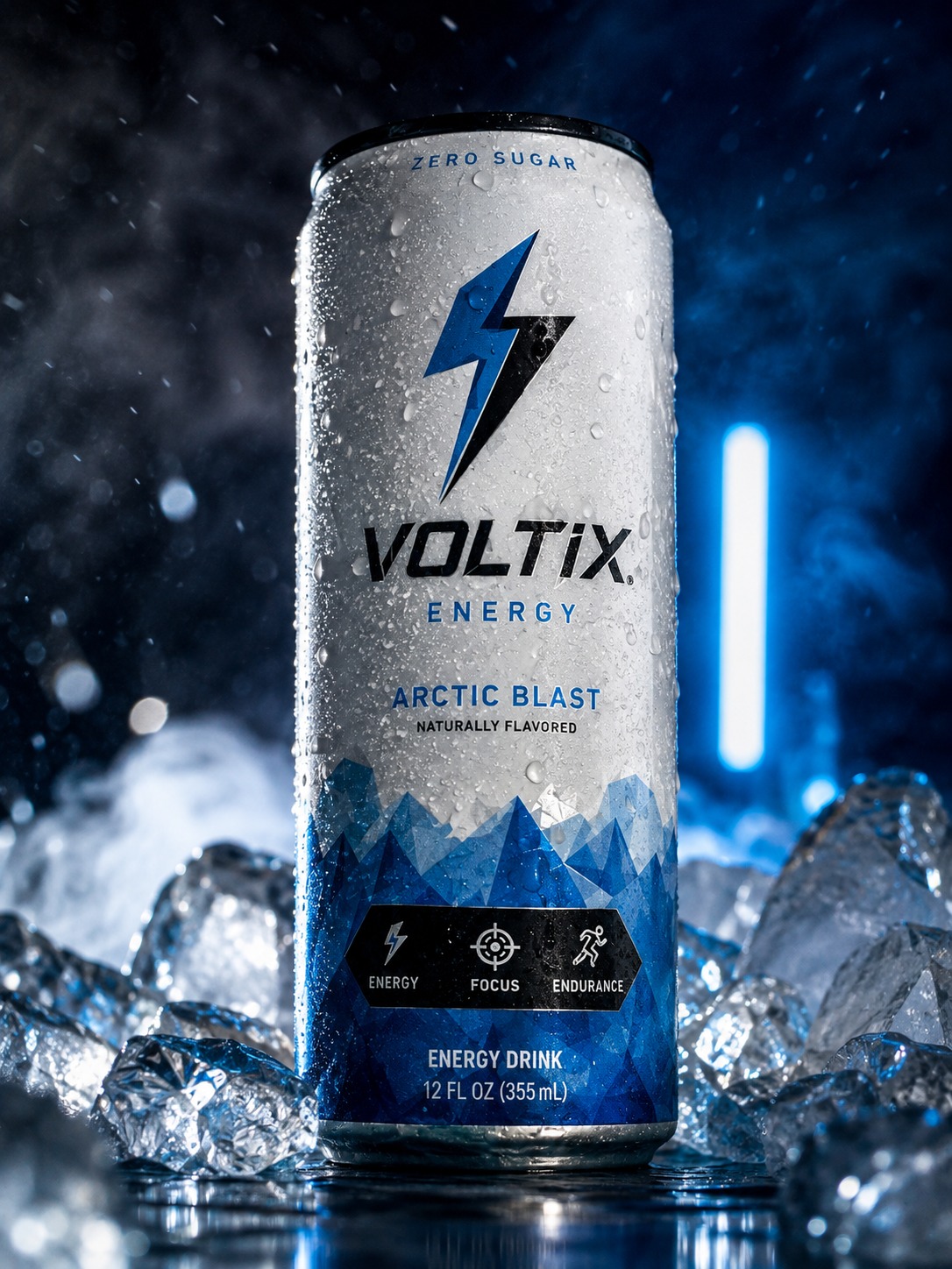 Studio campaign photo of the Voltix Arctic Blast can on ice with water droplets and blue rim light